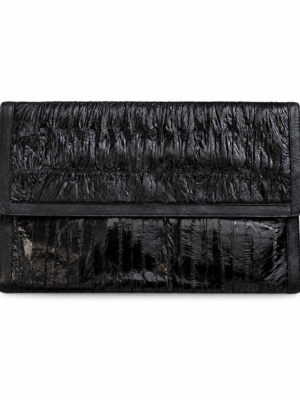Black Quilted Eel Patent Fold-Over Clutch -